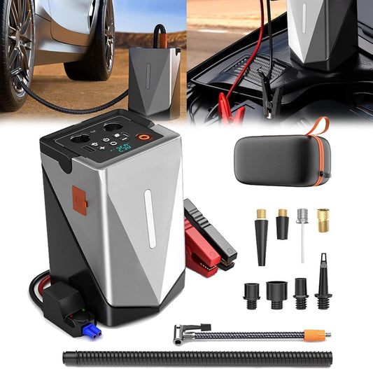 Multifunctional Jump Starter with Air Pump & Blower,Powerful Car Battery Jump Starter Pack 12V,Auto Battery Booster,Portable Lithium Jump Box,with 150psi Air Pump,LED Bright Light(12400 mAh)